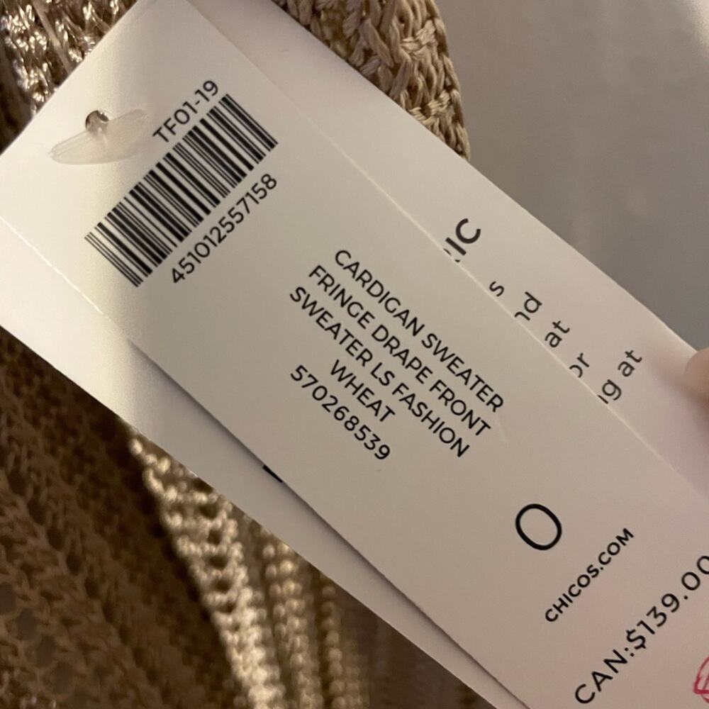 NEW Chico's Beige Fringe Open-Front Cardigan knit sweater size 0 - Picture 7 of 9